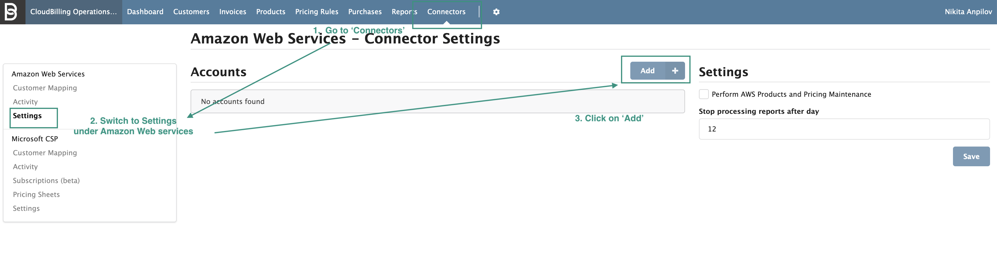 Figure AWS Connector 19: Navigating to AWS connector settings