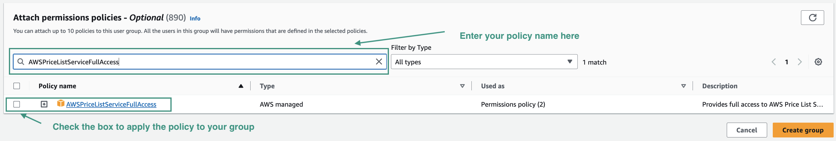 Figure AWS Connector 13: Adding required policies to your user group