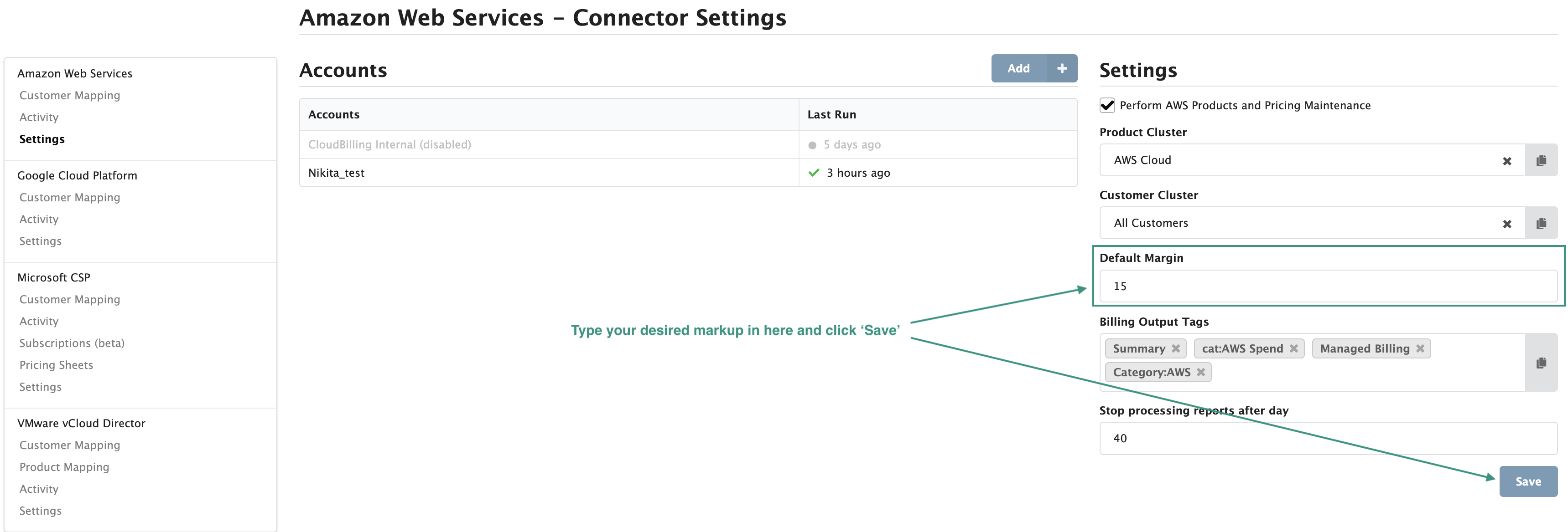 Figure AWS Connector 25: Setting up a global AWS markup